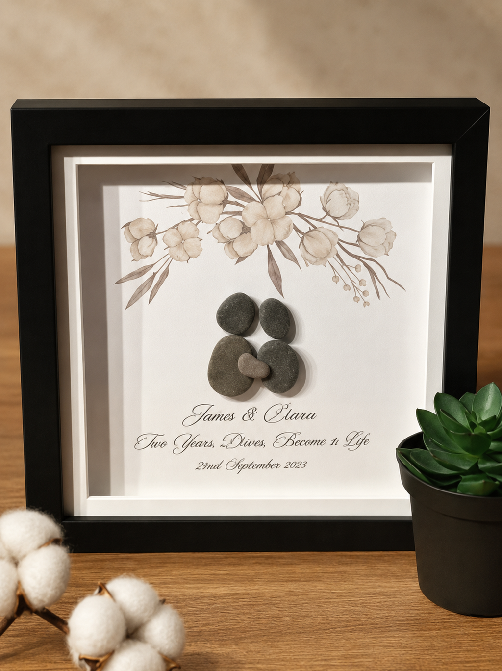 Personalised Pebble Art Couple Gift, Custom Anniversary Frame, Wedding Gift for Couple, Romantic Keepsake, Names & Date