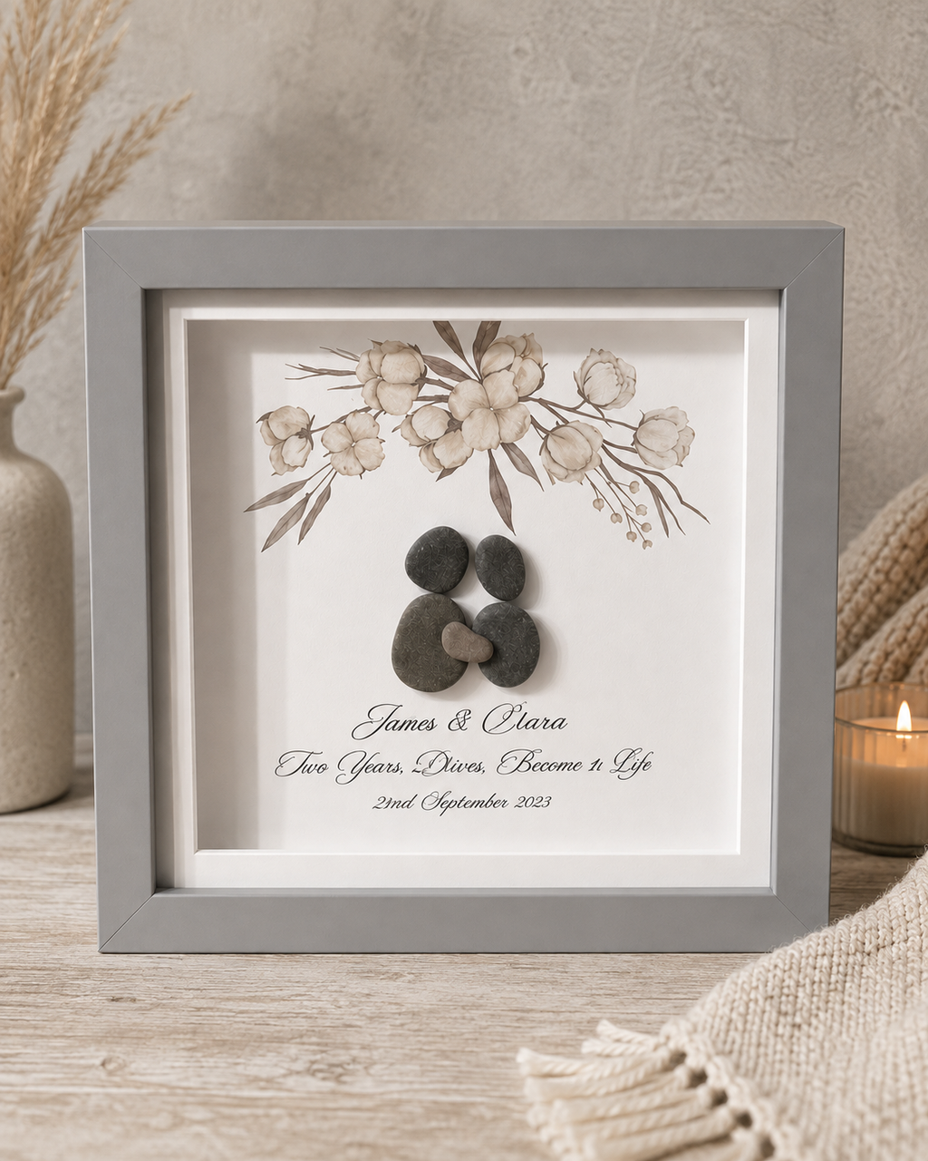 Personalised Pebble Art Couple Gift, Custom Anniversary Frame, Wedding Gift for Couple, Romantic Keepsake, Names & Date