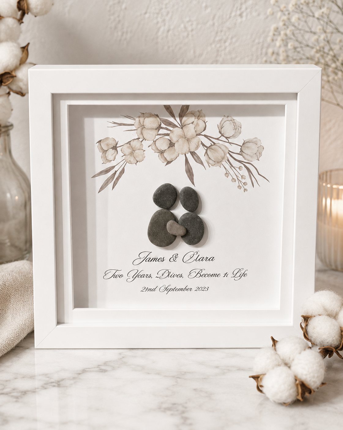 Personalised Pebble Art Couple Gift, Custom Anniversary Frame, Wedding Gift for Couple, Romantic Keepsake, Names & Date