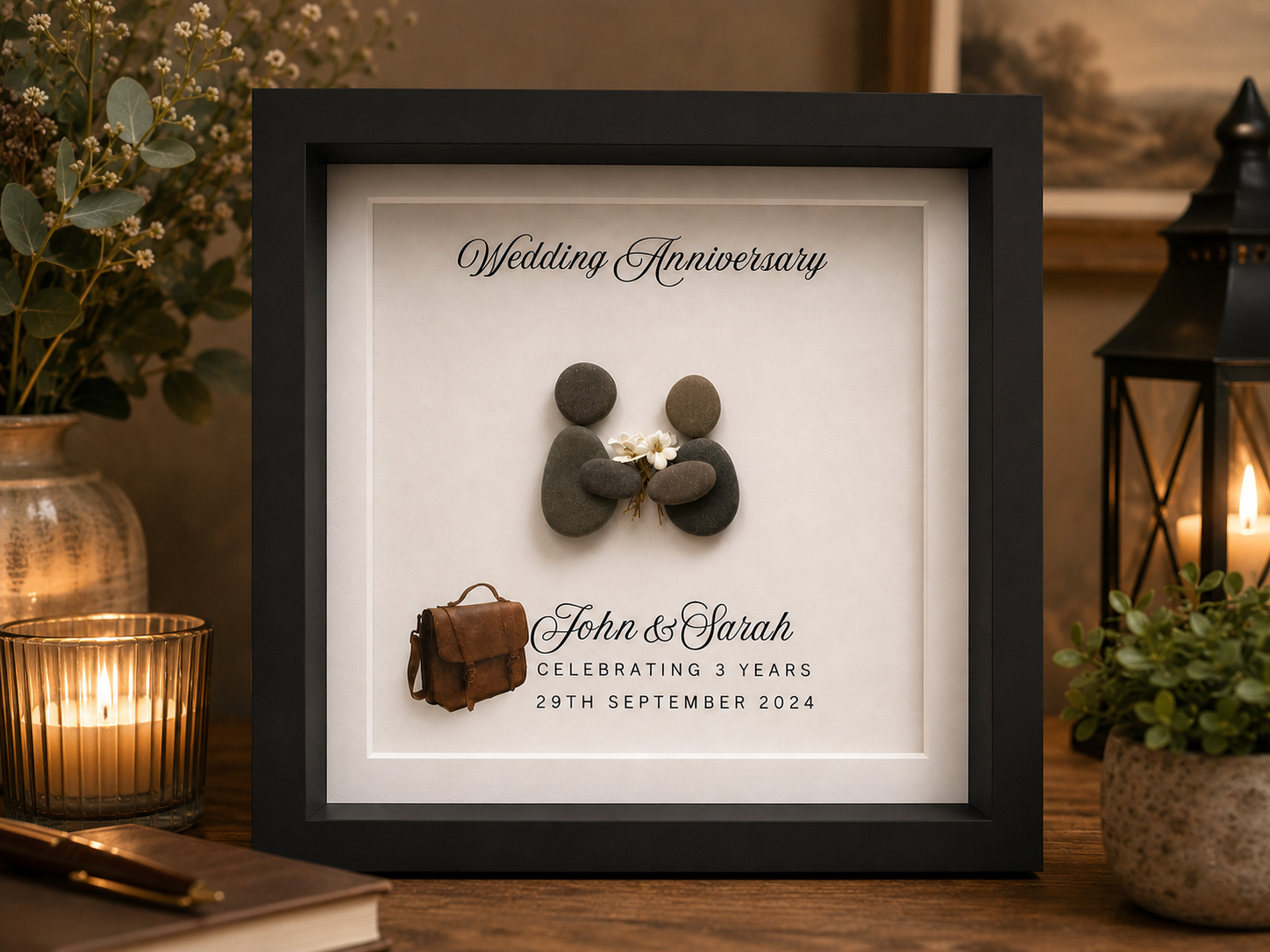Personalised 3rd Wedding Anniversary Leather Gift, Pebble Art Box Frame, Custom Couple Keepsake, 3 Year Anniversary Gift for Husband Wife