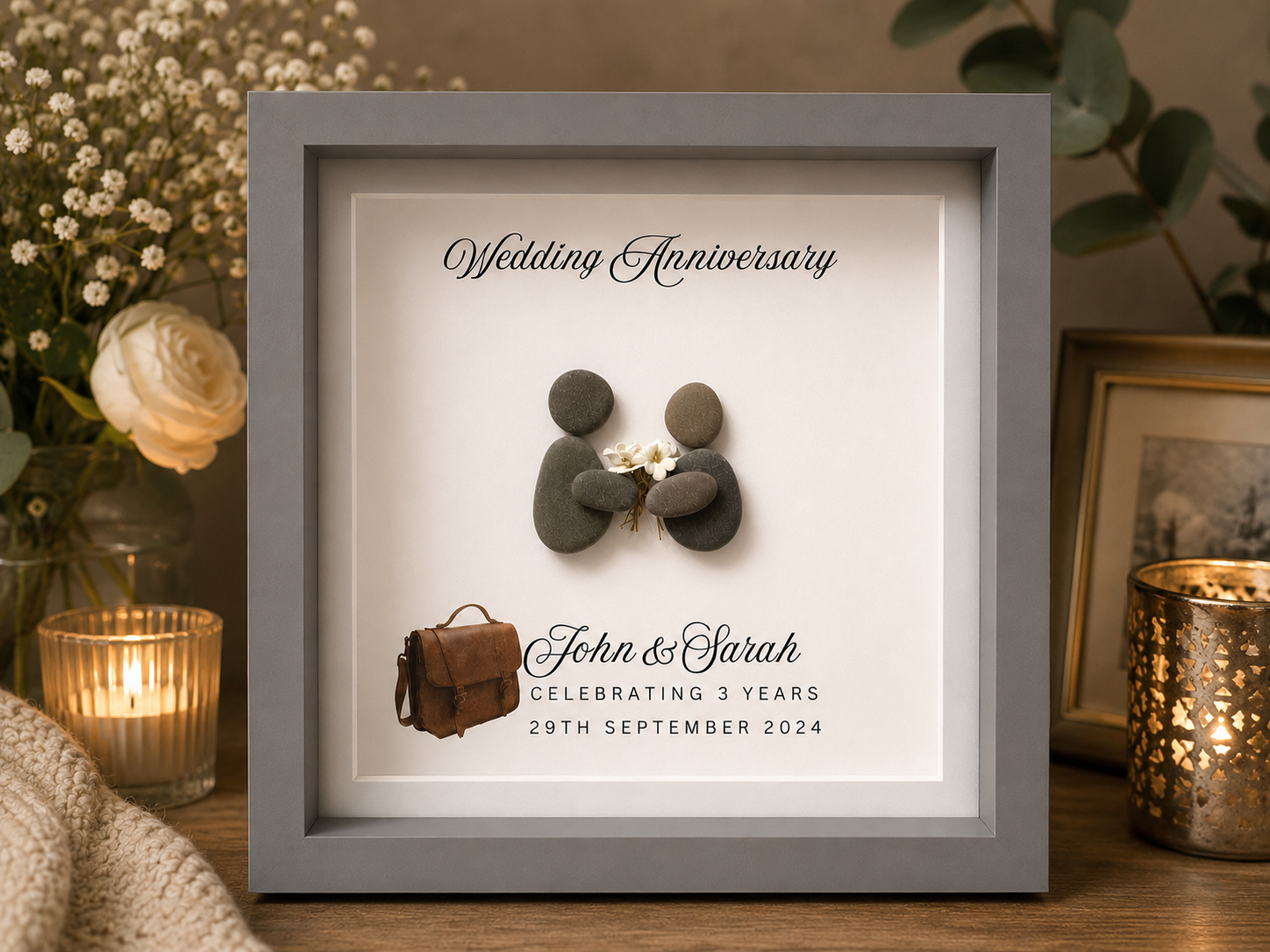 Personalised 3rd Wedding Anniversary Leather Gift, Pebble Art Box Frame, Custom Couple Keepsake, 3 Year Anniversary Gift for Husband Wife