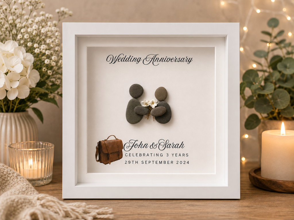 Personalised 3rd Wedding Anniversary Leather Gift, Pebble Art Box Frame, Custom Couple Keepsake, 3 Year Anniversary Gift for Husband Wife
