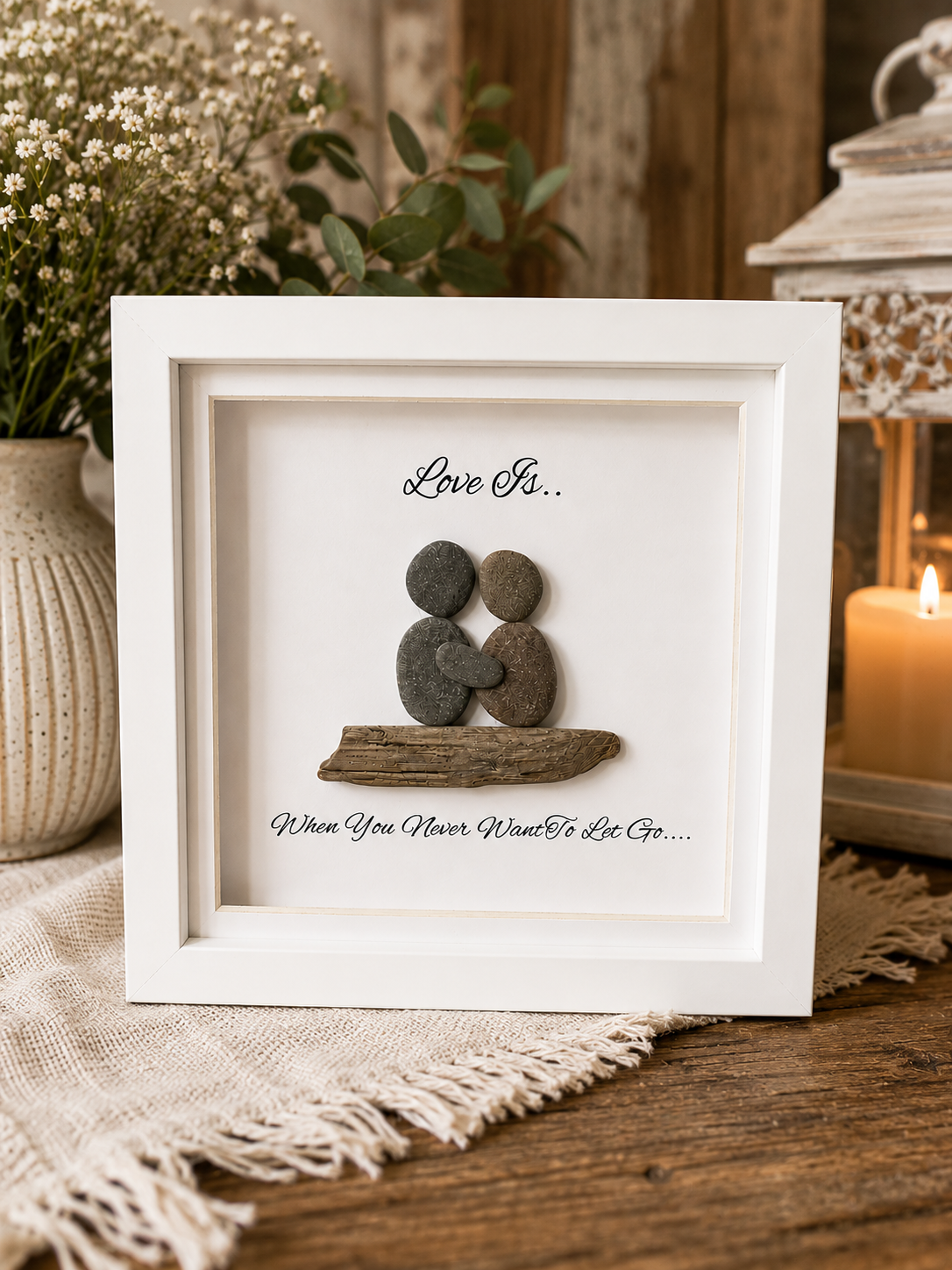 Personalised Pebble Art Couple Gift | Love Is Two Minds With One Thought | Anniversary Gift for Husband Wife | Romantic Handmade Frame