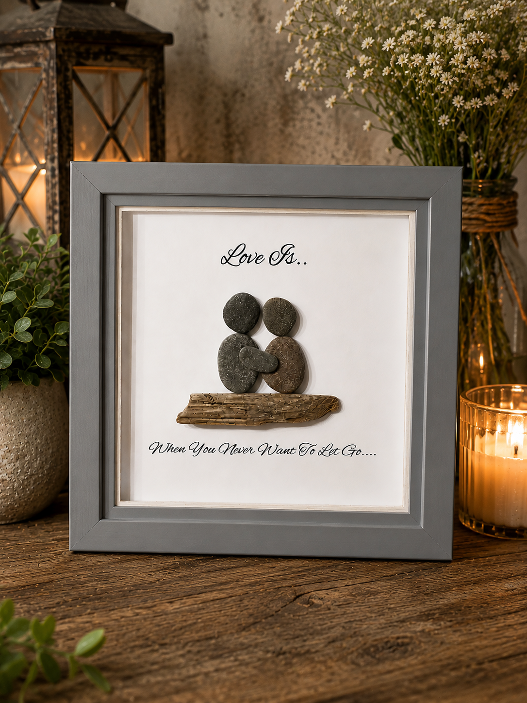 Personalised Pebble Art Couple Gift | Love Is Two Minds With One Thought | Anniversary Gift for Husband Wife | Romantic Handmade Frame